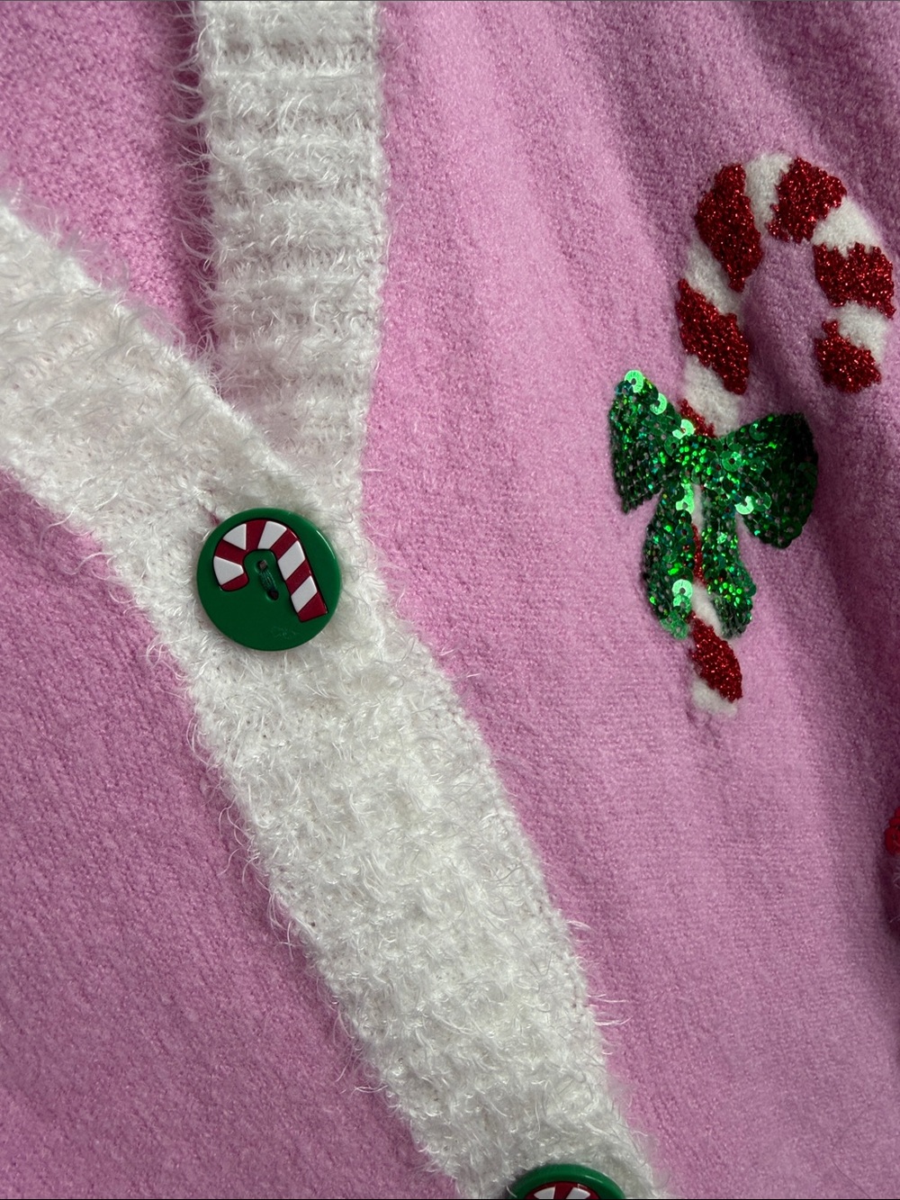 32 Degrees Pink and White Fuzzy-Trim Christmas Cardigan